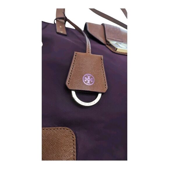 Tory Burch Purple Nylon Brown Leather Trim Double Handle Satchel Shoulder Bag - Picture 2 of 10